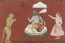 Hanoman menghadap Rama-Sita-Laksmana
